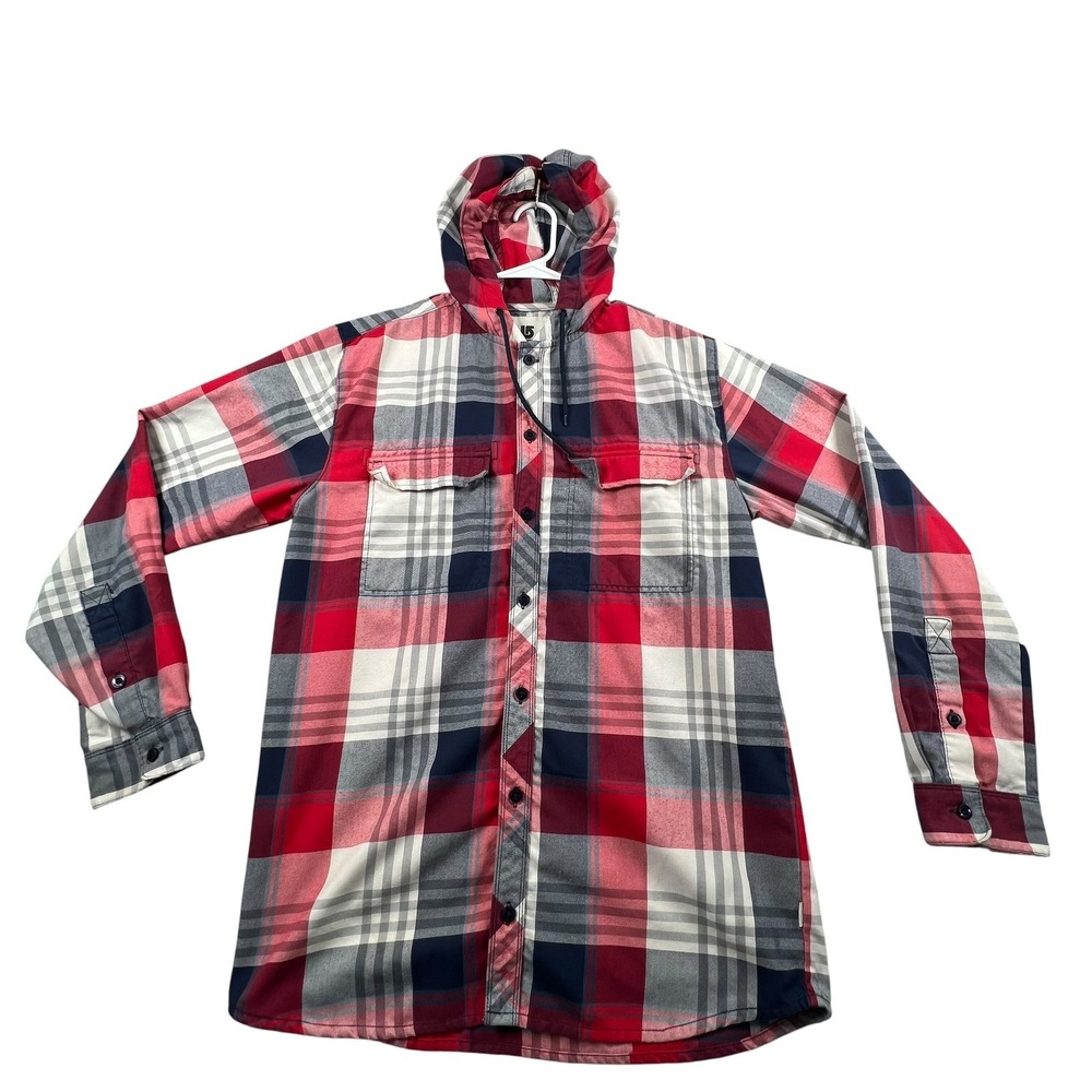 Burton Hooded Flannel Shirt Mens Medium Red Plaid Long Sleeve Button Up Hoody